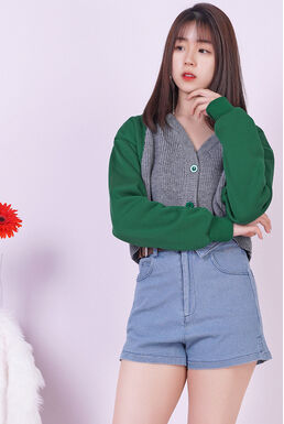 Korean Style Two Tone Oversized Sweater Coat (Grey + Green)